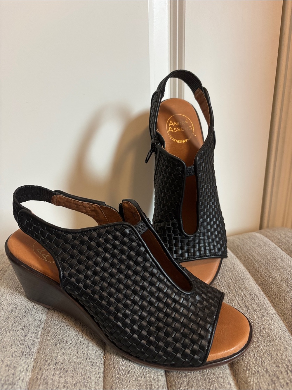 Andre Assous Black Woven Peep-Toe Slingback Wedges 7